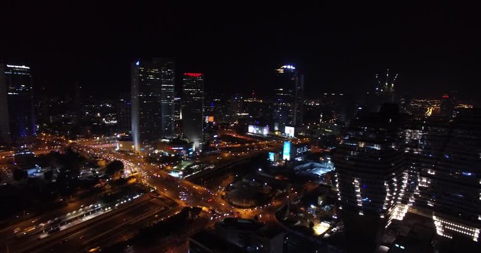 Tel Aviv City and traffic at Night Aerial view  Drone shot of Skyscrapers and traffic in Tel aviv at Night