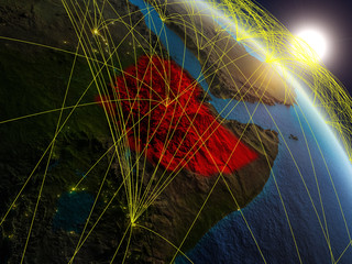 Ethiopia from space on realistic model of planet Earth with network. Concept of digital technology, connectivity and travel.