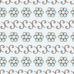 Light blue gemstone clusters and brown filigree shapes are arranged in horizontal rows in a seamless vector pattern. For special occasion invitations, printed textiles, cards and graphic design uses.