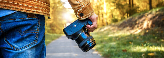 Photographer holding digital camera outdoors, panoramic banner