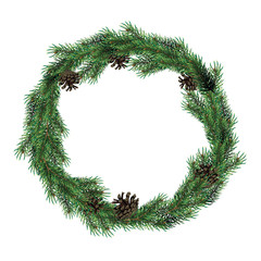 Christmas wreath of fir branches with cones. Green spruce christmas wreath.