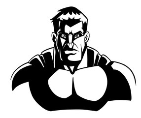 Comics style line art llustration of the portrait of powerful superhero looking at camera with tough facial expression on black background.