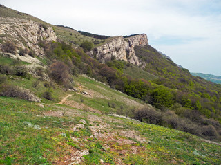 Fototapeta na wymiar Rocky Mountain, sloping mountain ridge at spring. The forest covers the hills and hiking trail with people. Crimean mountains.