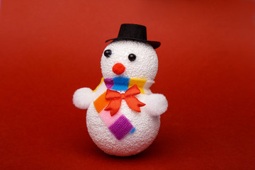 Christmas, New Year's snowman on a red background. Christmas background