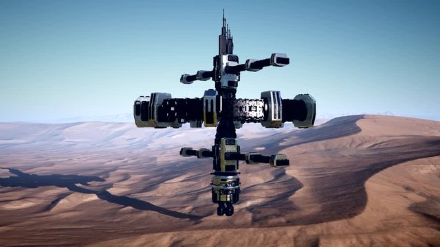 alien spaceship rotate over desert. ufo landscape. ufo