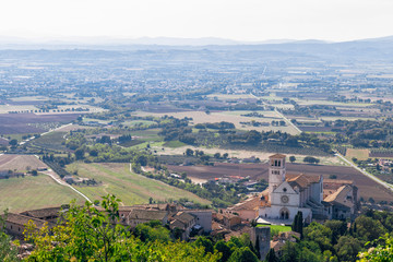 Panoramic view of the Cathedral of Saint Francis from Assisi (Basilica San Francesco di Assisi) Umbria, Italy
