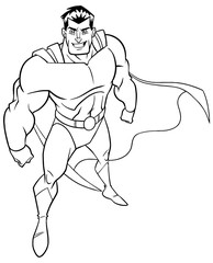 High-angle line art illustration of powerful and determined man wearing superhero costume during courageous intervention against white background for copy space.