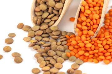 dry brown and yellow lentils on wooden spoon isolated on a white background