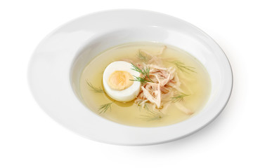 single bowl of chicken soup isolated on white background
