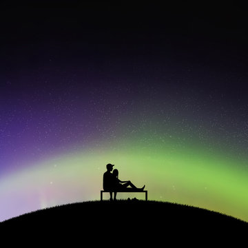 Lovers sitting on bench in park at night. Vector illustration with silhouette of loving couple. Northern lights in starry sky. Colorful aurora borealis