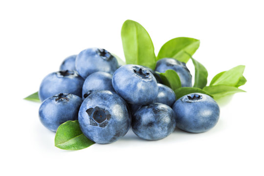 Blueberries With Leaves Isolated On White Background