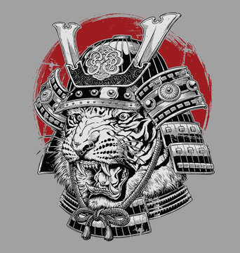 Hand Drawn Highly Detailed Japanese Tiger Samurai Vector Illustration On Grey Ground