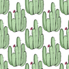 Vector Cactus. Green engraved ink art.Seamless background pattern. Fabric wallpaper print texture.