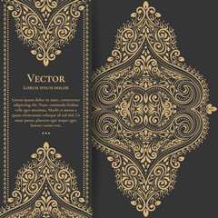 Gold vintage greeting card on a black background. Luxury vector ornament template. Mandala. Great for invitation, flyer, menu, brochure, postcard, wallpaper, decoration, or any desired idea.