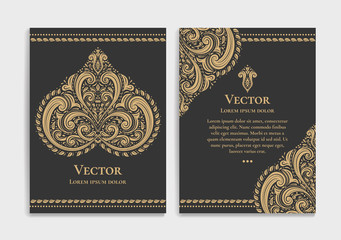 Gold vintage greeting card on a black background. Luxury vector ornament template. Mandala. Great for invitation, flyer, menu, brochure, postcard, wallpaper, decoration, or any desired idea.