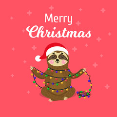 Christmas greeting card with cute sloth. Flat sloth character illustration. Funny animal with christmas garland with lights