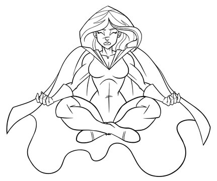 recommend clip art: Front view line art illustration of superheroine sitting in lotus position while meditating during yoga practice isolated on white background for copy space.