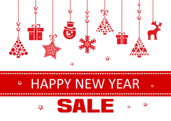 Festive banner for New Year with red ribbon, toys hanging and inscription SALE. Vector illustration