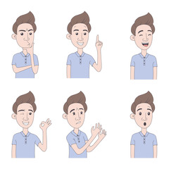 Set of man with various emotions. Young male character with different expressions. Hand drawn illustration in cartoon style. Vector.