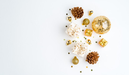 Christmas background. Mockup christmas. Top view and gold christmas items