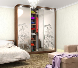 wardrobe with decor on the mirrors in the room. 3D illustration.