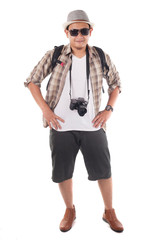 Traveling People Isolated on White. Male Backpacker Tourist, Smiling Happy Gesture