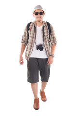 Fototapeta premium Traveling People Isolated on White. Male Backpacker Tourist, Smiling Happy Gesture