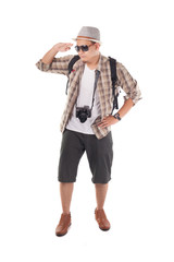 Traveling People Isolated on White. Male Backpacker Tourist Looking at Distance