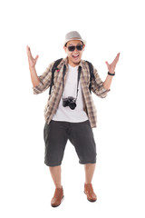 Traveling People Isolated on White. Male Backpacker Tourist Happy Winning Gesture