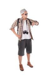 Traveling People Isolated on White. Male Backpacker Tourist Looking at His Watch