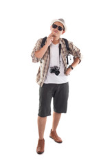Traveling People Isolated on White. Male Backpacker Tourist Thinking Gesture