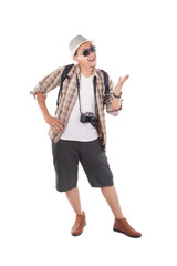 Traveling People Isolated on White. Male Backpacker Tourist, Smiling Happy Gesture