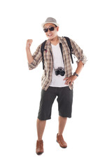 Traveling People Isolated on White. Male Backpacker Tourist Showing Something Behind