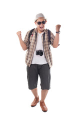 Traveling People Isolated on White. Male Backpacker Tourist Happy Winning Gesture
