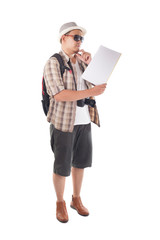 Traveling People Isolated on White. Male Backpacker Tourist Looking at Map