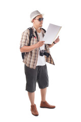 Traveling People Isolated on White. Male Backpacker Tourist Looking at Map