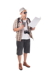 Traveling People Isolated on White. Male Backpacker Tourist Looking at Map
