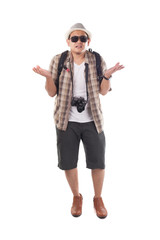 Traveling People Isolated on White. Male Backpacker Tourist Confuse Gesture Shrug Shoulder