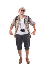 Traveling People Isolated on White. Male Backpacker Tourist Broke Empty Wallet