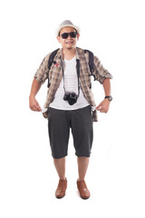 Traveling People Isolated on White. Male Backpacker Tourist Broke Empty Wallet