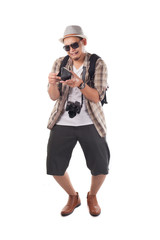 Traveling People Isolated on White. Male Backpacker Tourist Broke Empty Wallet