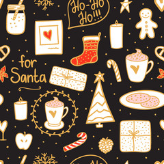 Night Merry Christmas seamless pattern. Holidays mood set: sock, gift, tree, candles, jar of milk, a cup cocoa on dark background