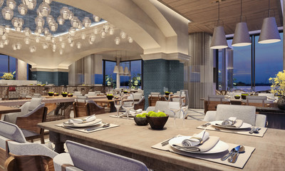 modern interior design of a restaurant, Arabic style with arched beams and candle ceiling light, night scene, yellow flowers, 3d rendering, 3d illustration
