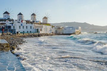 Mills on the hill near the sea on the island of Mykonos in Greece - the main attraction of the island
