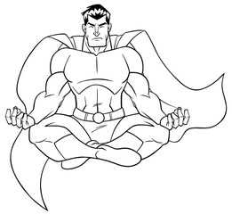 Front view line art illustration of superhero sitting in lotus position while meditating during yoga practice isolated on white background for copy space.