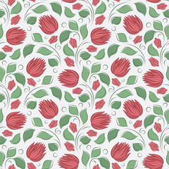 Seamless vector floral pattern with abstract flowers and leaves in red and green colors on white background