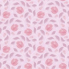 Seamless vector floral pattern with abstract flowers and leaves in pastel pink colors on light background