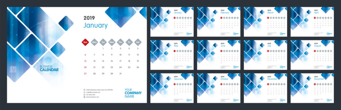 Calendar design for 2019. Week starts on Sun. Set of 12 calendar pages vector design print template with place for photo and company logo. Desk calendar template with white background.