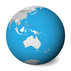 Blank political map of Australia. 3D Earth globe with blue water and grey lands. Vector illustration.