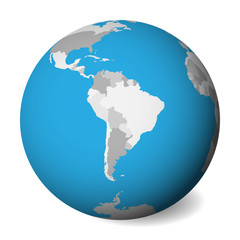 Blank political map of South America. 3D Earth globe with blue water and grey lands. Vector illustration.